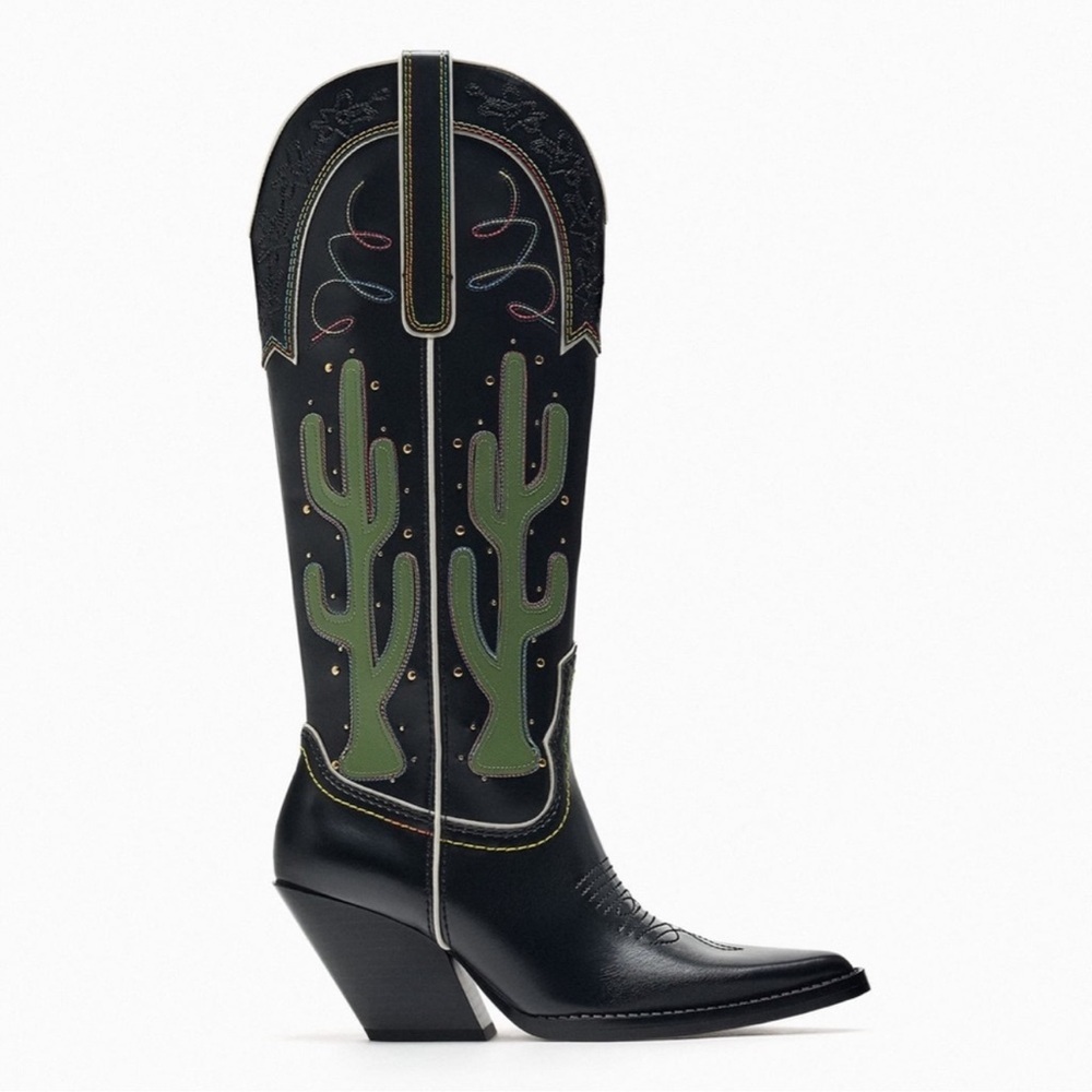 ZARA CONTRASTING KNEE HIGH CACTUS COWBOY BOOTS - Picture 4 of 13